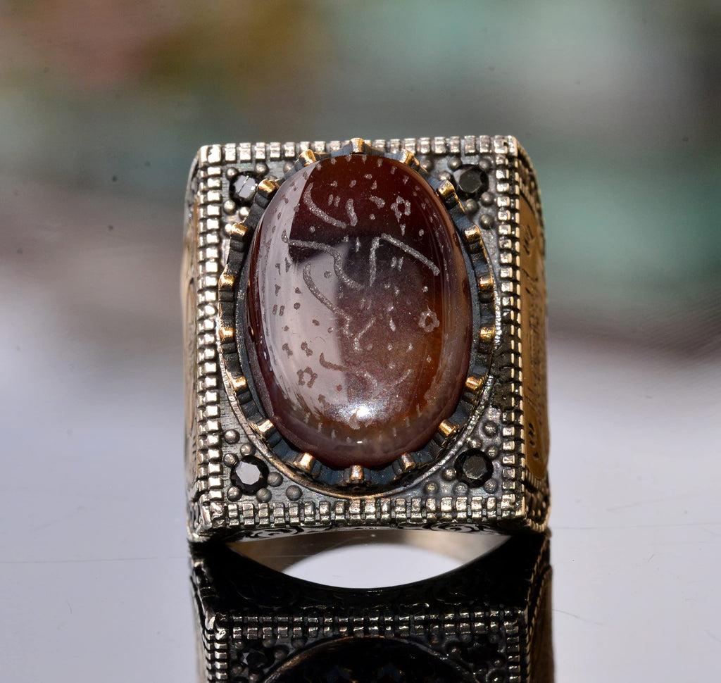 KAMBO Natural Agate Gemstone Ring for Men, Handmade 925 Sterling Silver Islamic Arabic Art Deco Design, Vintage Statemen