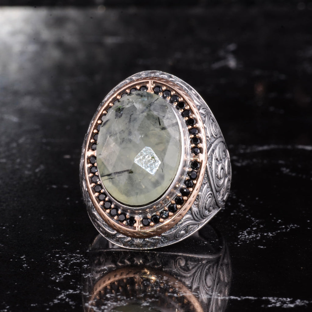 Men's Natural Stone Large Ring – Oval Stone Vintage Byzantine Engraved Statement Ring - Antique Filigree 925 Sterling Silver Jewelry (Prehnite) — 4