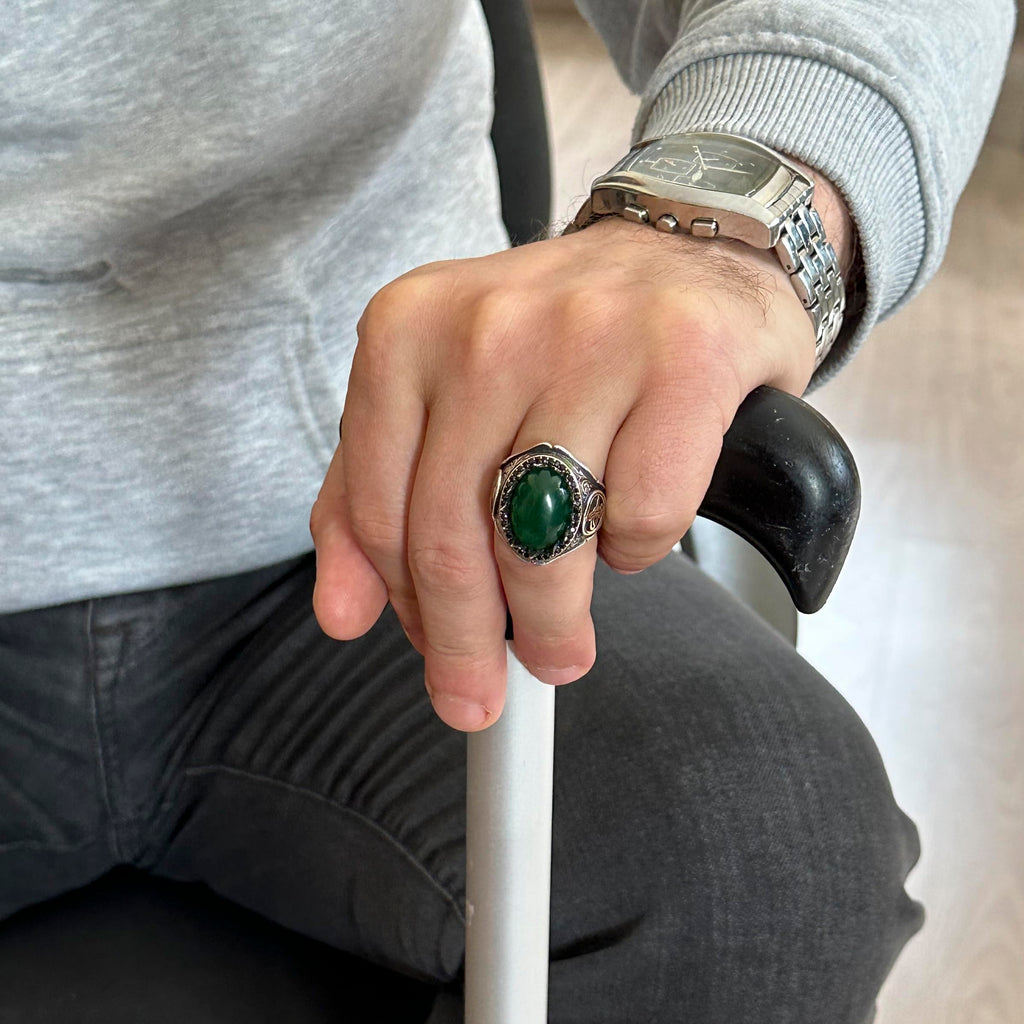 925 Sterling Silver Men's Ring with Natural Stone - Handcrafted Elegance (Yade Stone) — 3