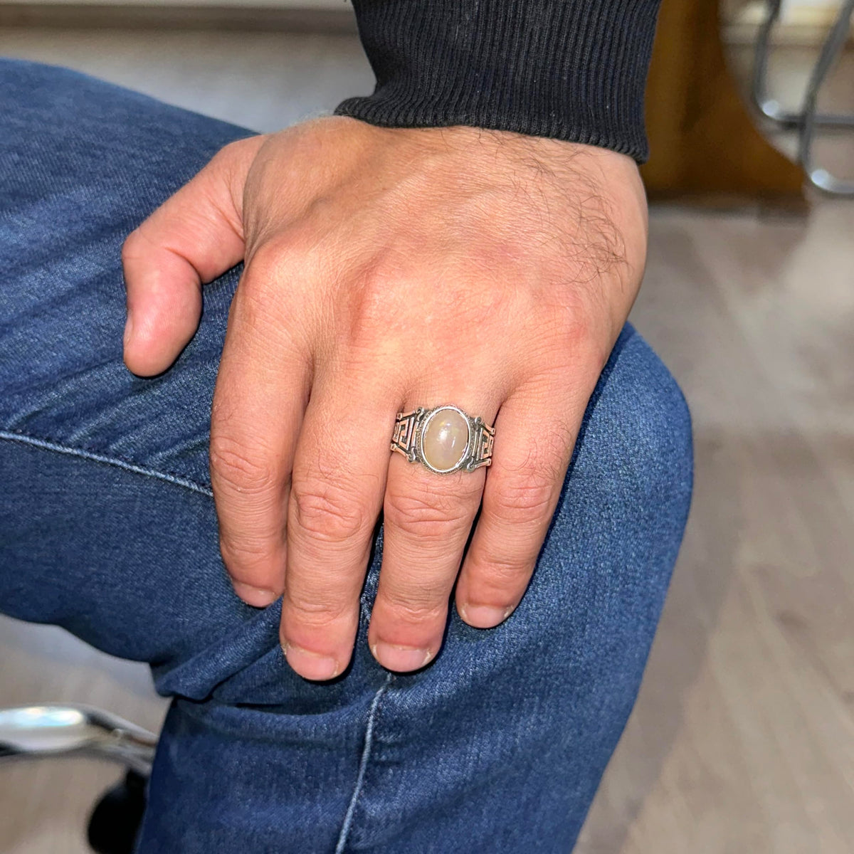 Handmade 925 Sterling Silver Men's Ring Natural Opal Stone - Leaf Pattern Ring — 3