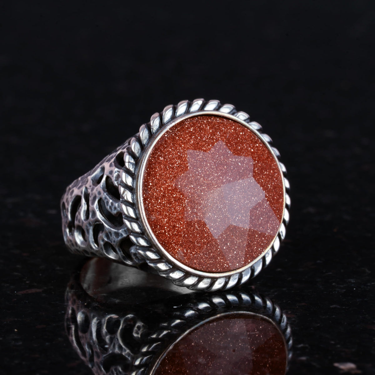 925 Sterling Silver Ring, Men's Ring, Synthetic Gold Star Stone Silver Ring — 4