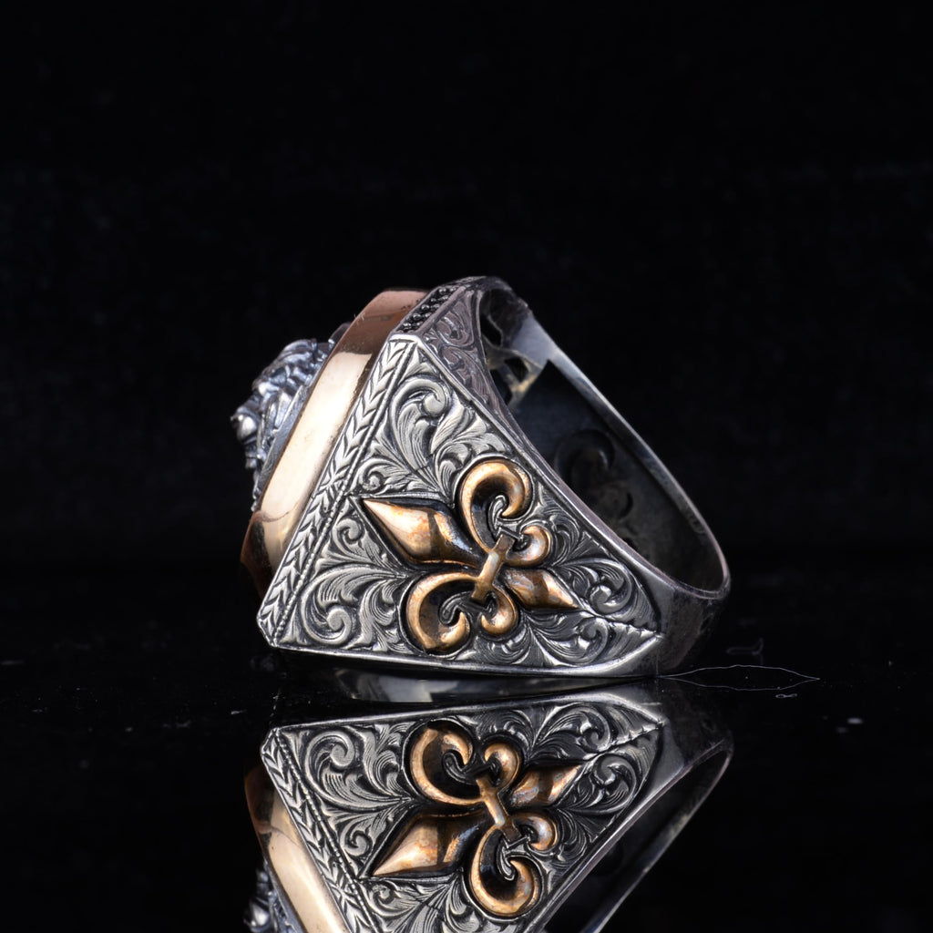 Black Patterned Stone Men's Large Ring – 925 Sterling Silver Design Vintage Statement Face (Model-3) — 7