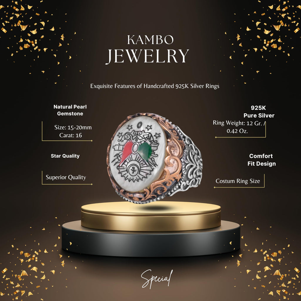 KAMBO Natural Pearl Stone Ottoman Empire Emblem Ring Men's 925 Sterling Silver Bronze Detailed Handmade Statement Ring — 2