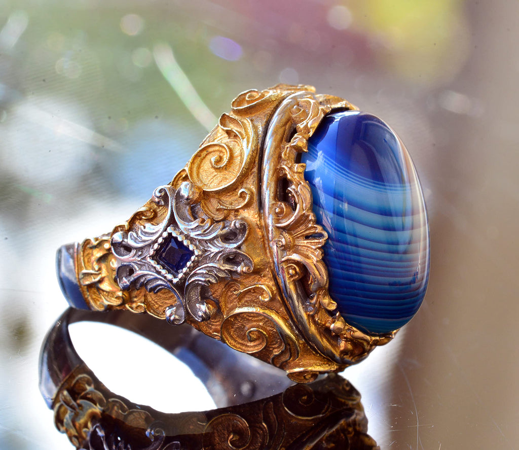 Natural Blue Agate Stone Men's Ring, Gold Plated 925 Sterling Silver Ring, Handmade Silver Ring — 4