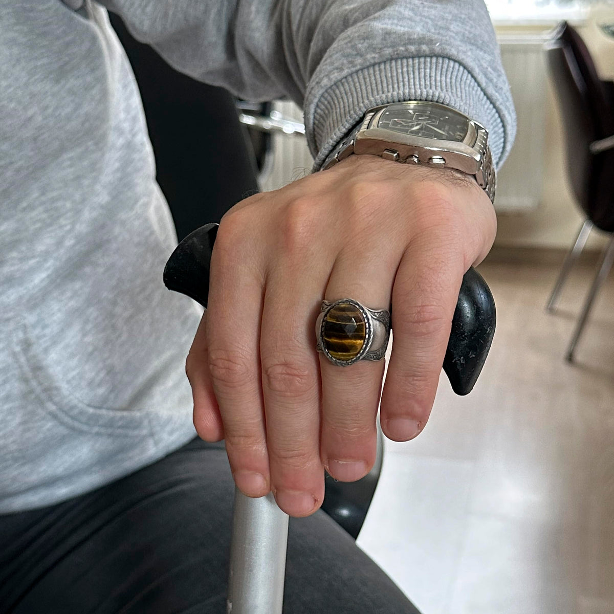 Natural Stone Ring, 925 Sterling Silver Ring, (Tiger Eye) — 3