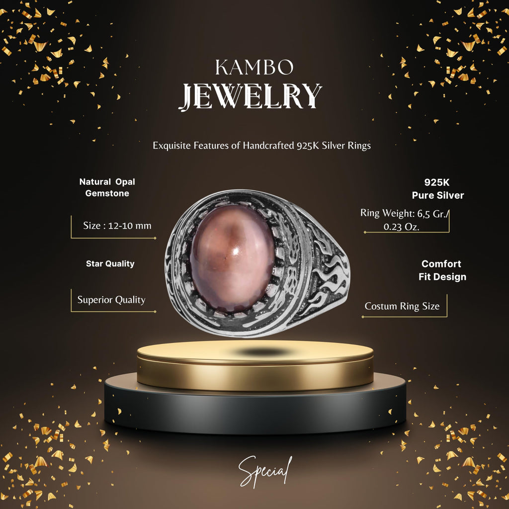 KAMBO Natural Opal 925 Sterling Silver Men's Ring – Fire-Inspired Side Design Handmade Statement Ring (Style-4) — 2