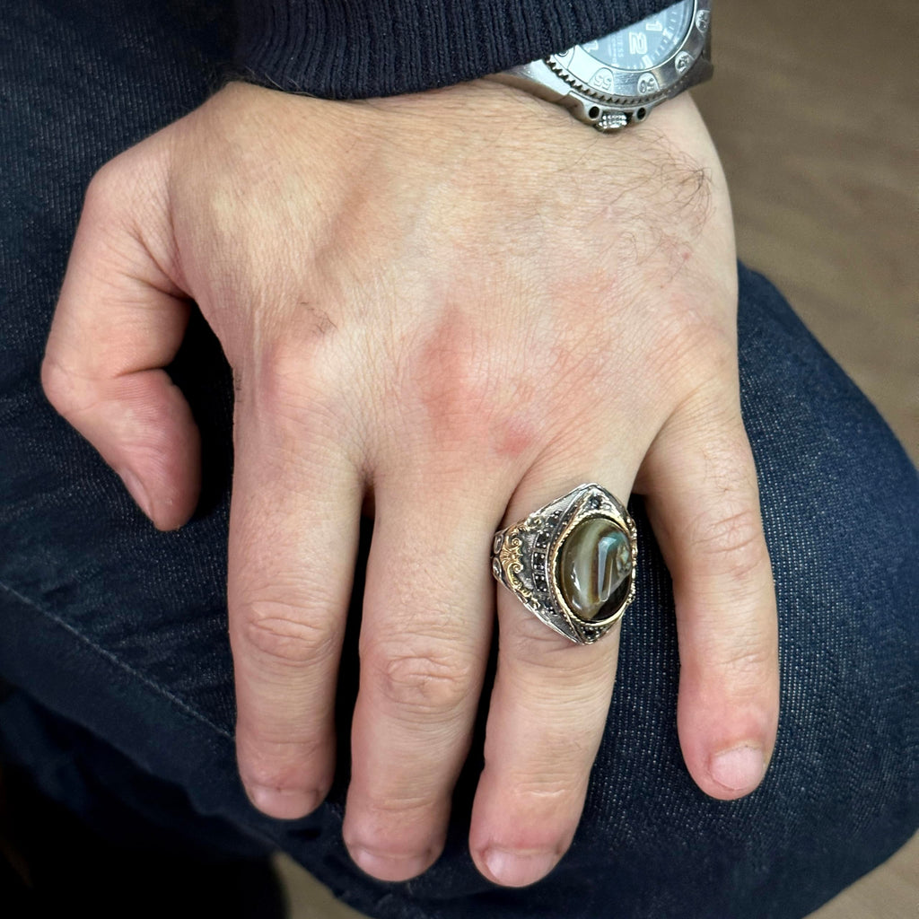 Silver Men's Ring, Natural Agate Stone Ring — 3