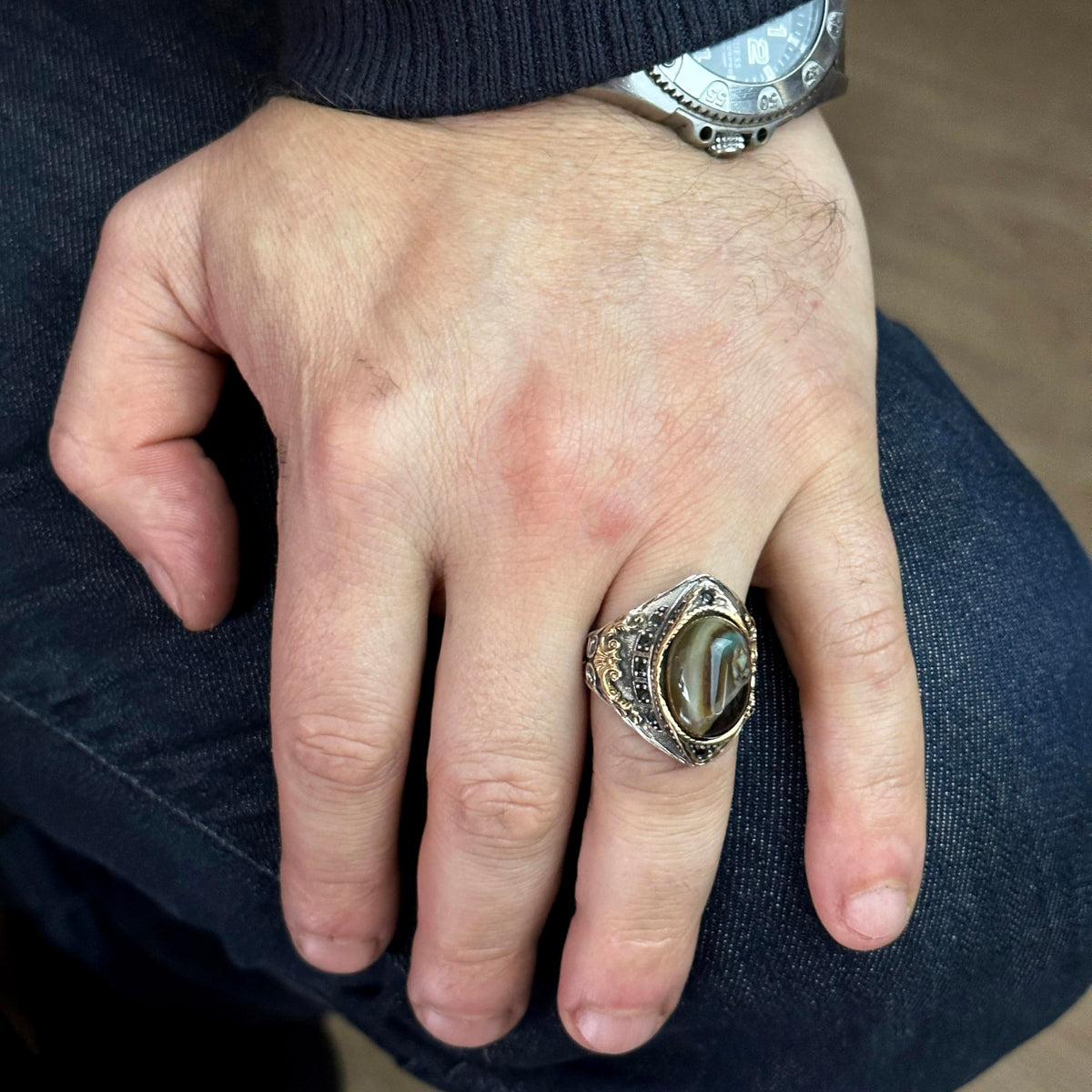 Silver Men's Ring, Natural Agate Stone Ring — 3