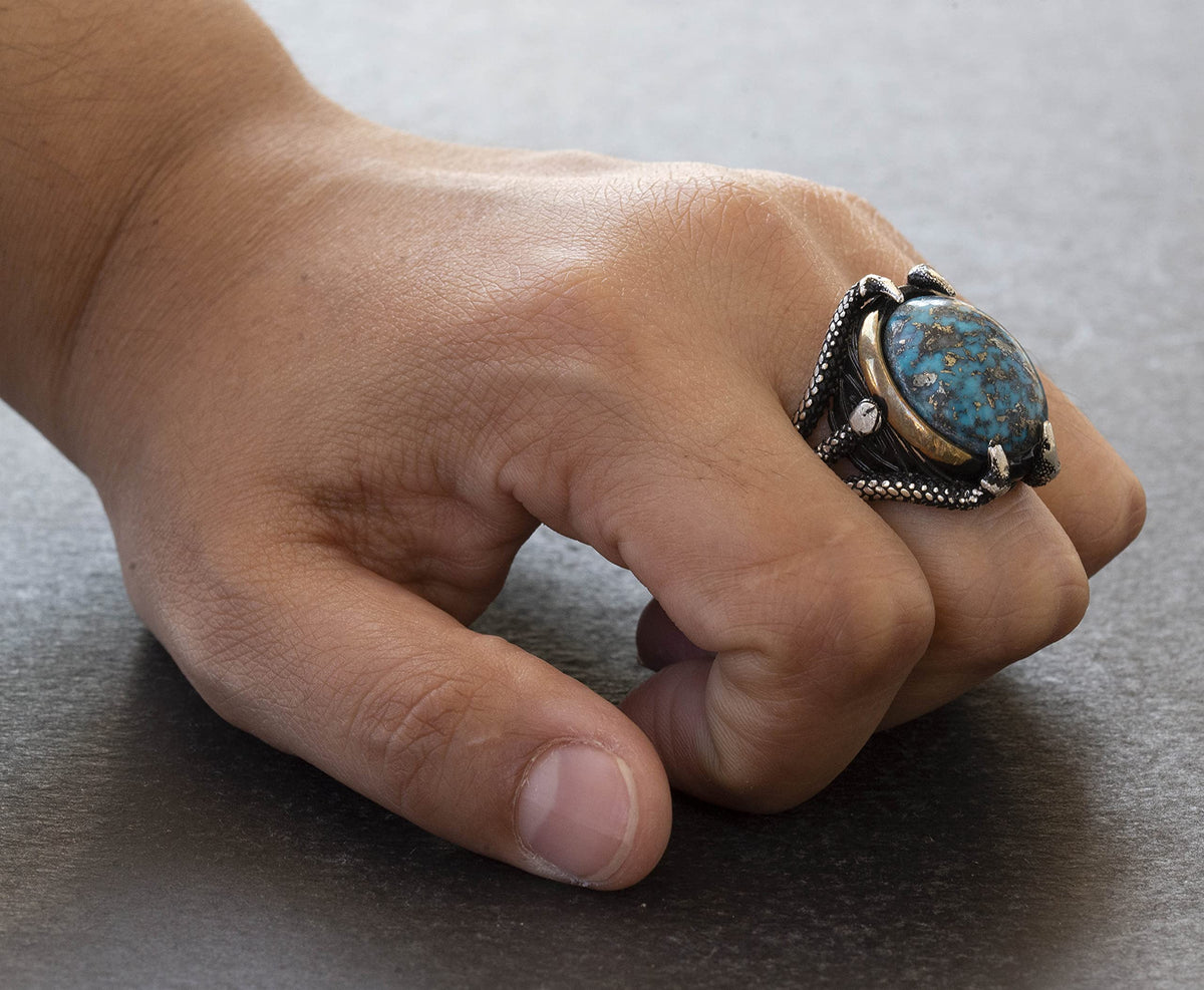 Natural Arizona Turquoise Stone Claw Ring - Silver Men's Ring — 8