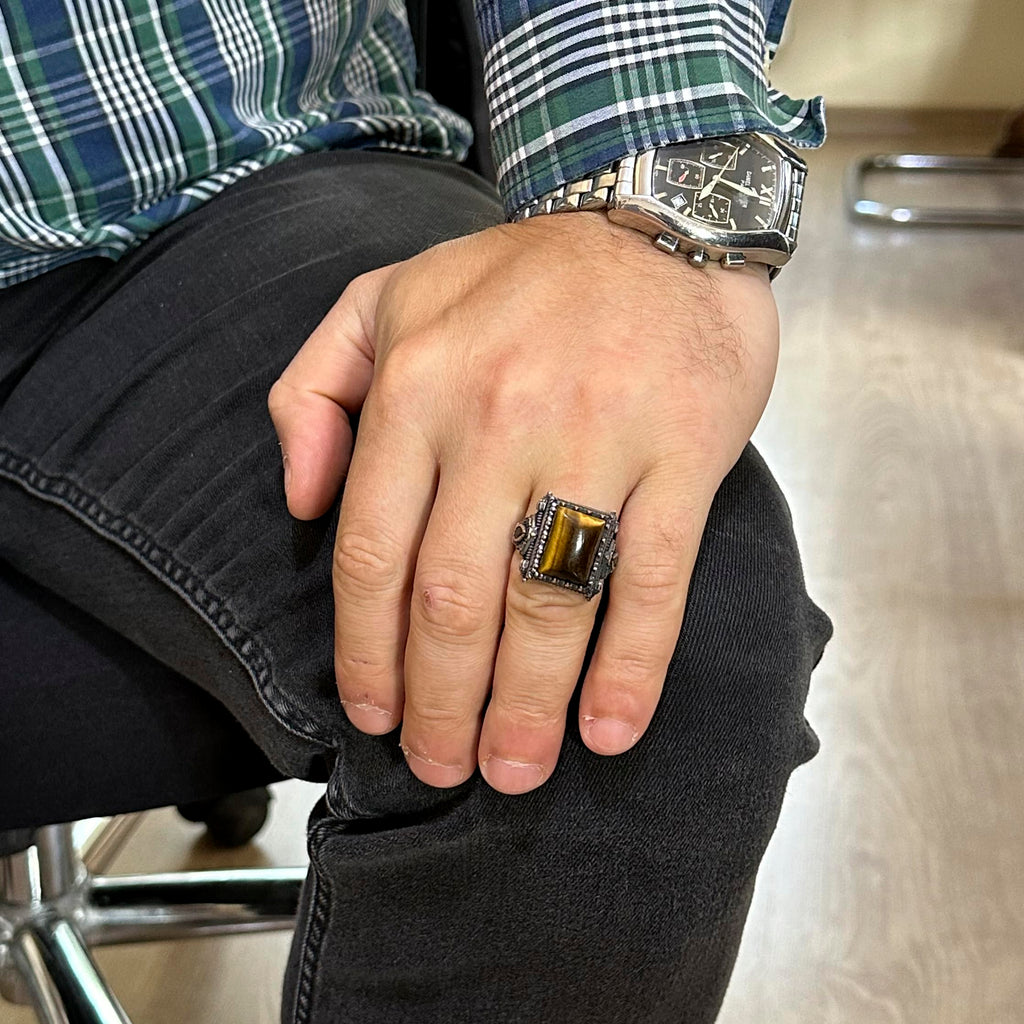 Natural Stone Ring - Tiger Eye with 925 Sterling Silver Men's Ring — 3