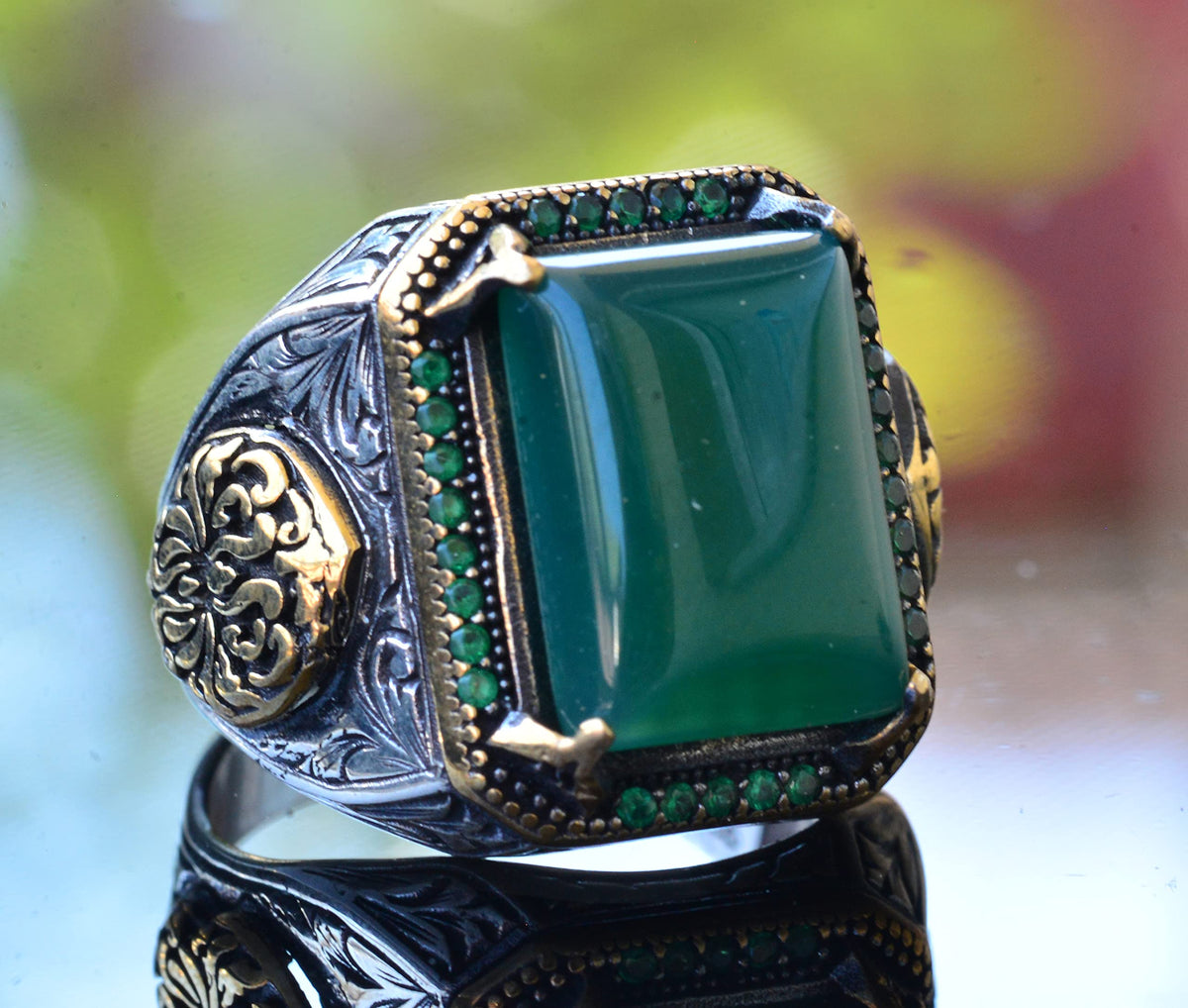 Natural Green Jade Stone Silver Men's Ring, Byzantine Empire Ring — 3