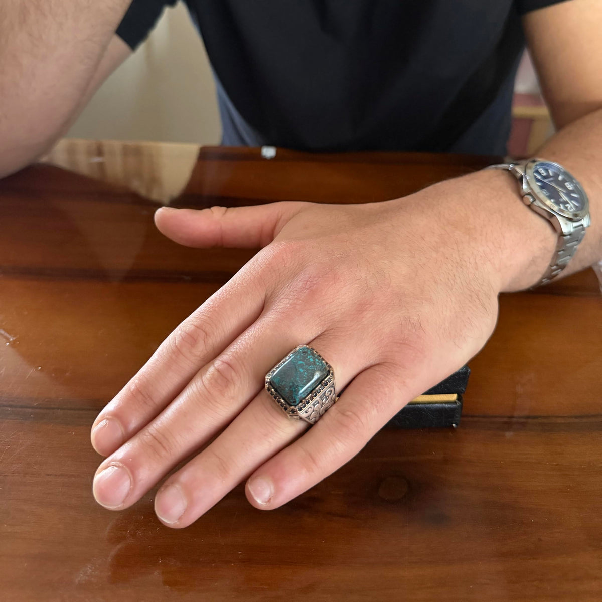 KAMBO Natural Stone Ring for Men 925 Sterling Silver - Rectangular Statement Ring Handmade Jewelry (Azurite) — 3