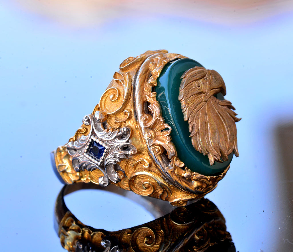Jade Stone Ring - 925 Sterling Silver Signal Ring - Handmade Men's Gold Plated Ring (Hawk) — 4