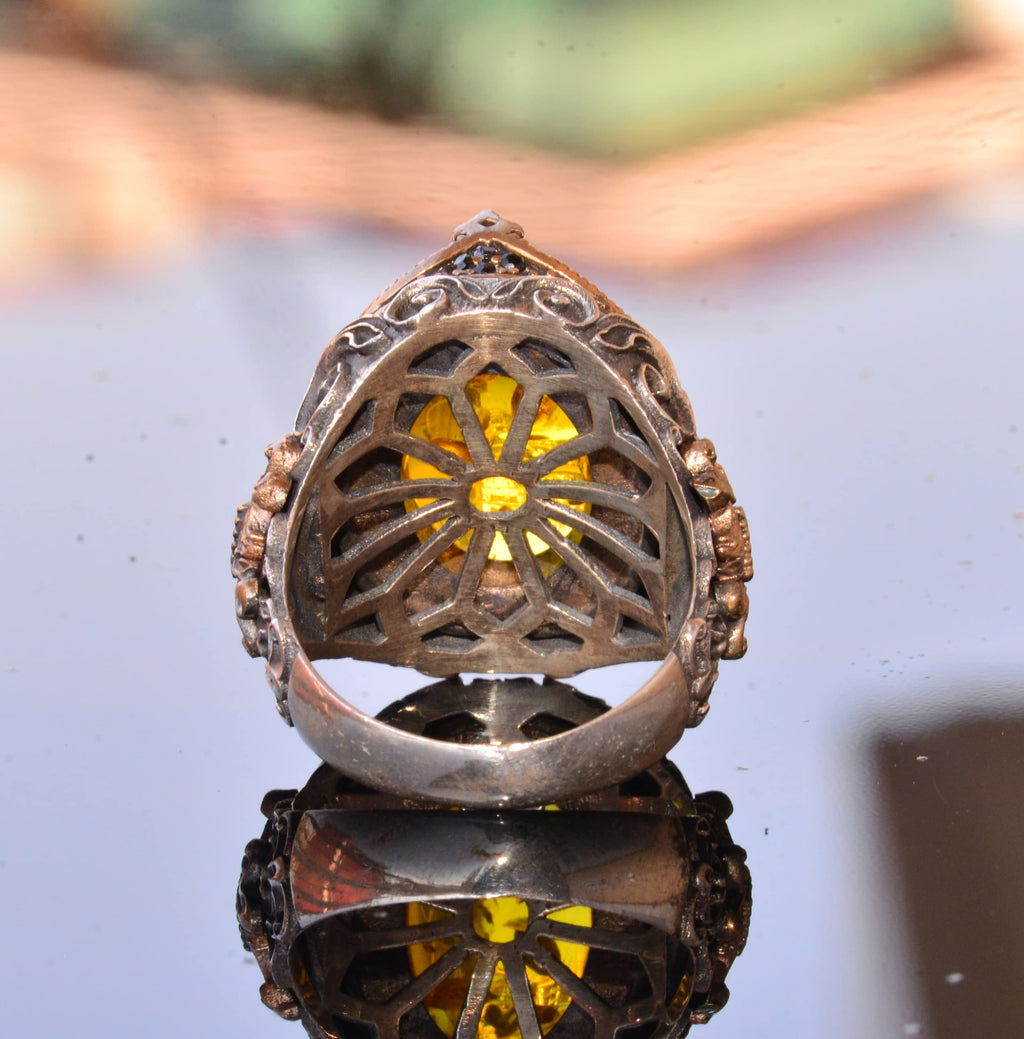 Handmade Non-Natural Stone Ring - 925 Sterling Silver Men's Jewelry (Honey Amber) — 8