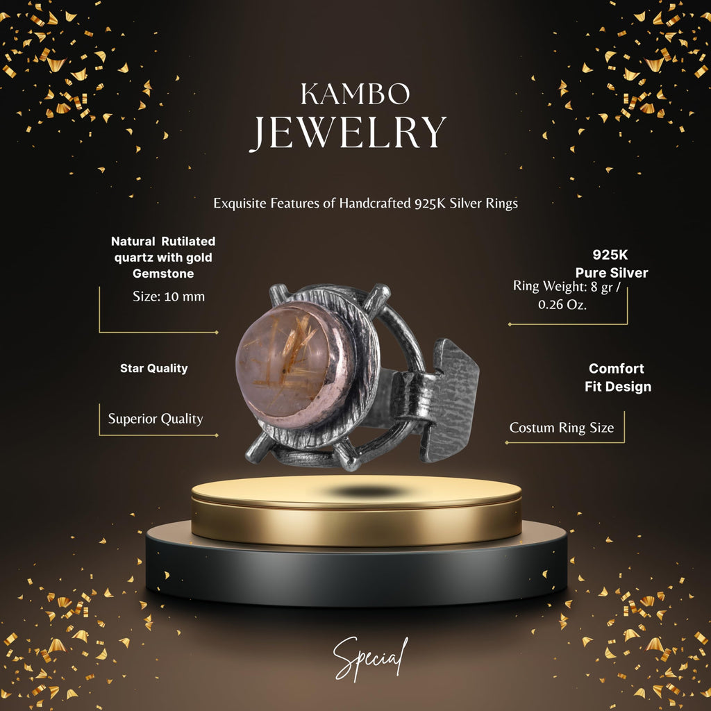 KAMBO Natural Rutilated Quartz Gold Women's Ring with 925 Sterling Silver Adjustable Industrial Nail Design Handmade — 2