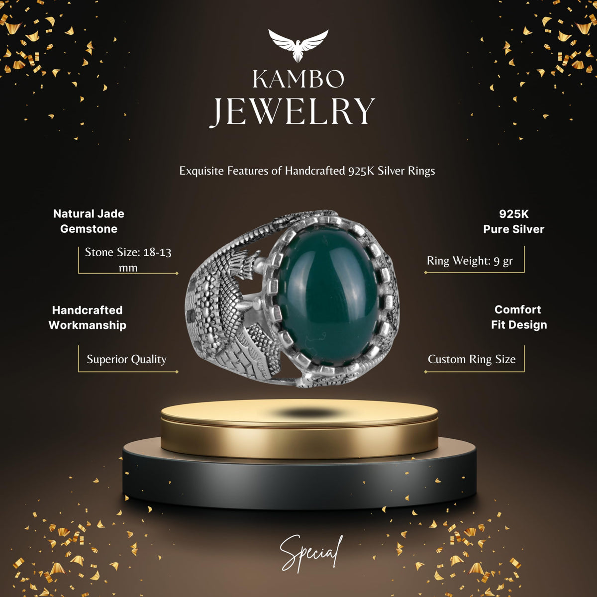 Islamic Natural Jade Stone Ring - 925 Sterling Silver Men's Ring - Harmony and Abundance Design — 2