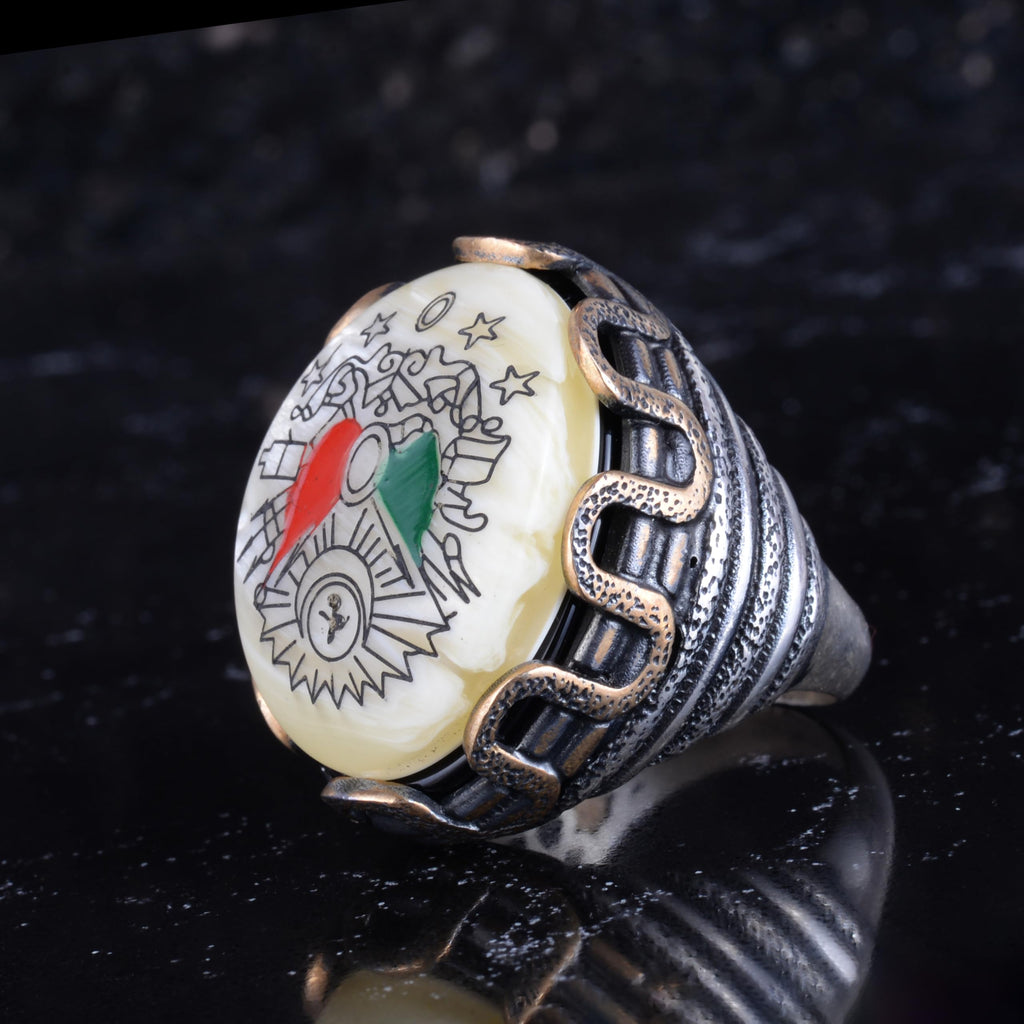 KAMBO Natural Pearl Stone Ottoman Empire Emblem Large Ring Men's 925 Sterling Silver Bronze Detailed Handmade Statement Ring — 5