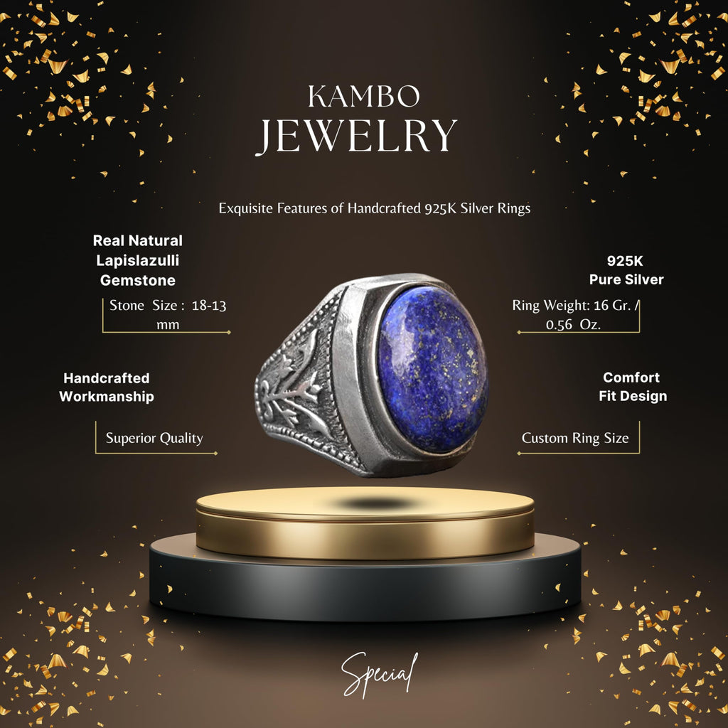 KAMBO Tulip Motif and Natural Lapis Lazuli Stone 925 Sterling Silver Men's Ring — 2