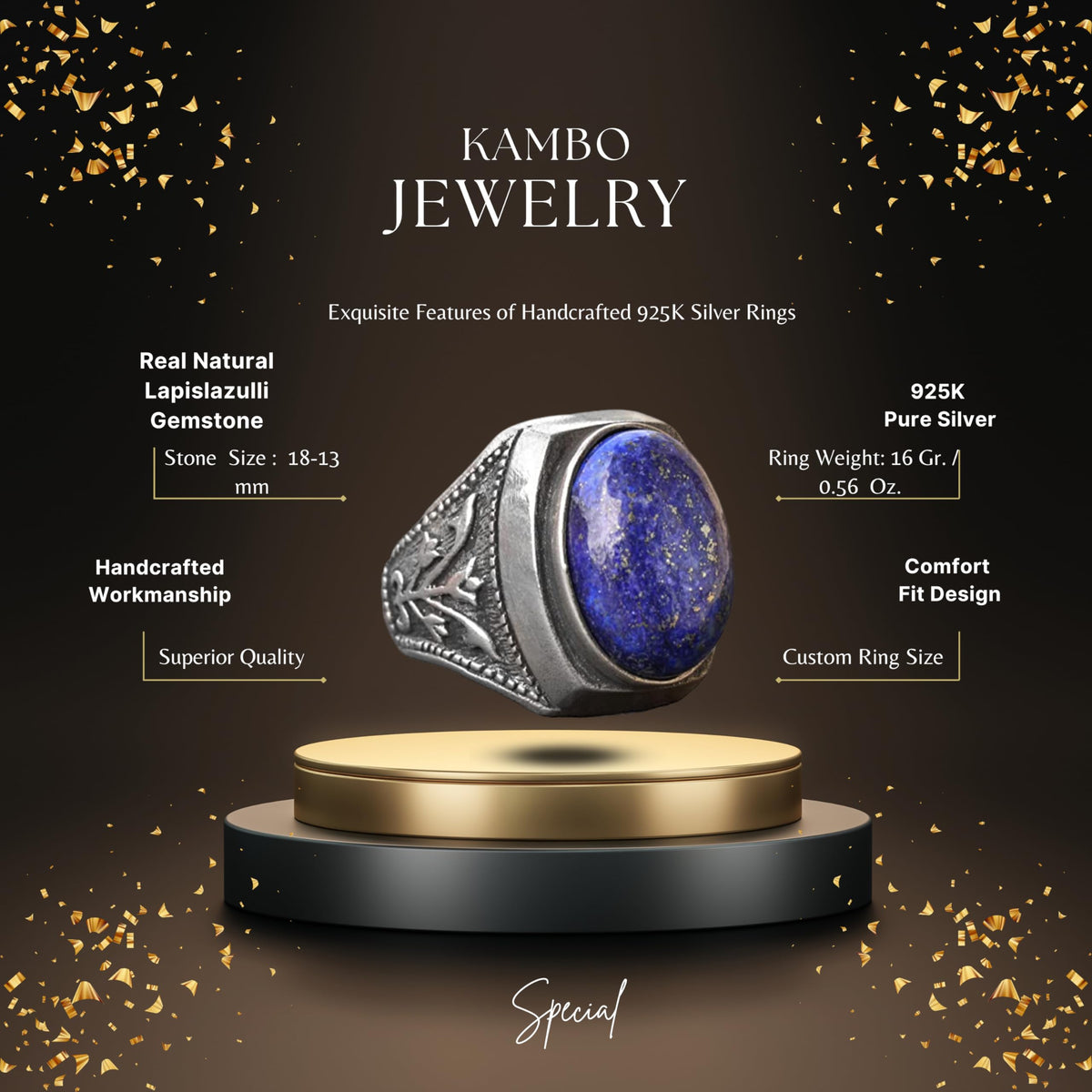 KAMBO Tulip Motif and Natural Lapis Lazuli Stone 925 Sterling Silver Men's Ring — 2