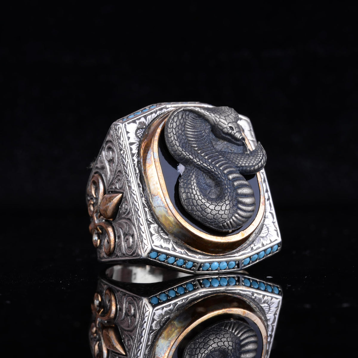 Black Patterned Stone Men's Large Ring – 925 Sterling Silver Vintage Design Statement Ring (Snake) — 5
