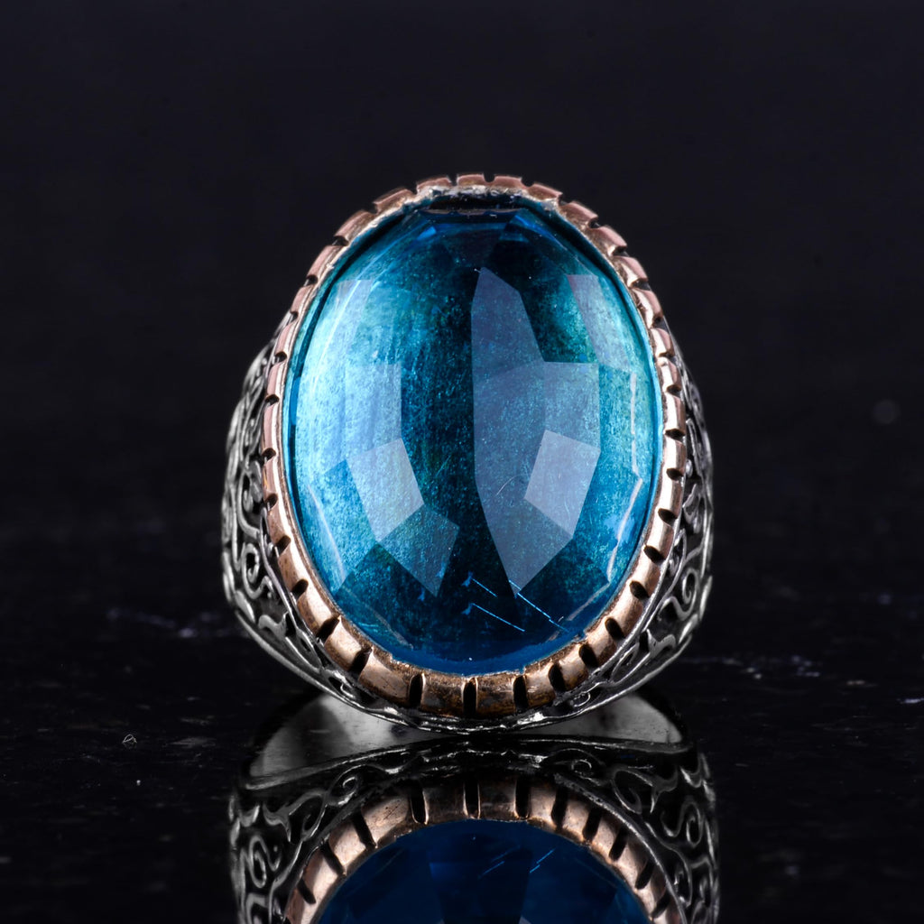 Synthetic Stone Ring, 925 Sterling Silver Men's Ring, Large Ring (Synthetic Aquamarine Stone) — 3