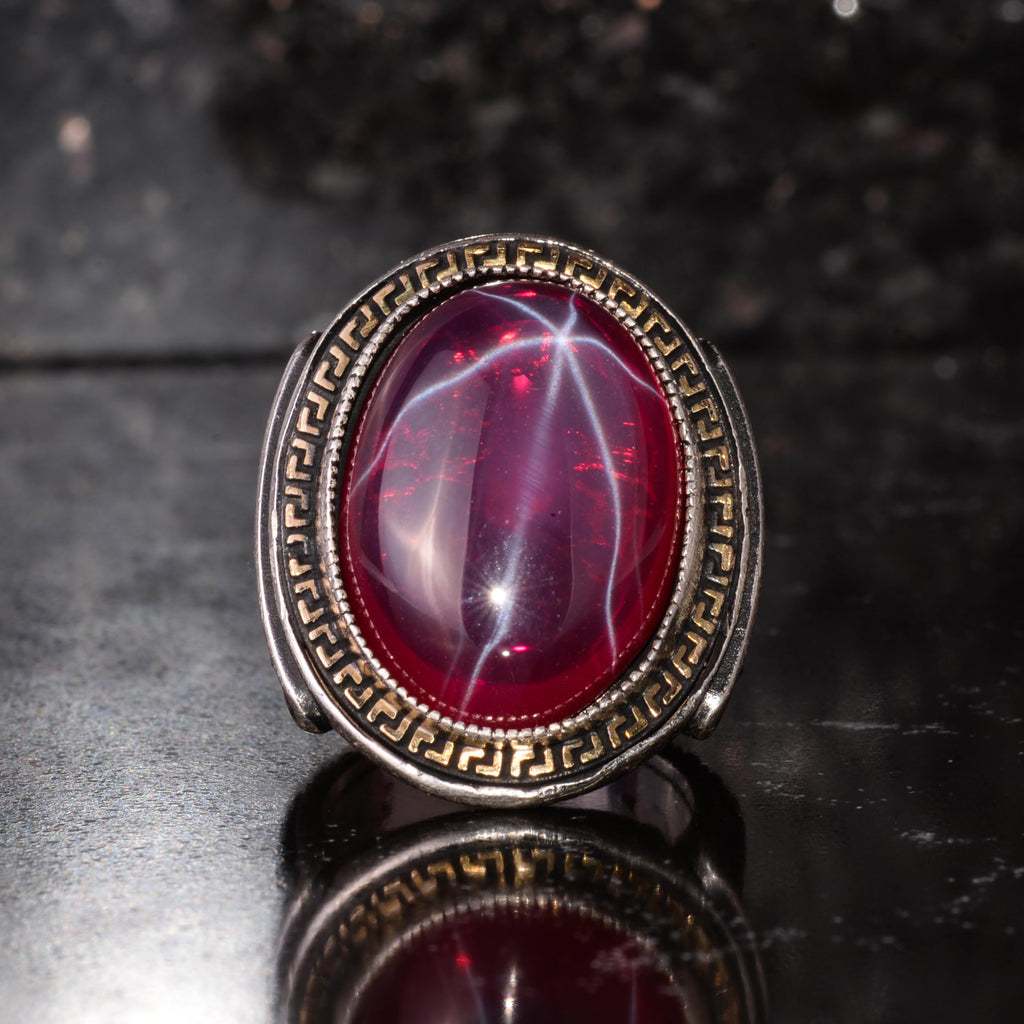 KAMBO Natural Star Ruby Stone Large Men's Ring – 925 Sterling Silver Statement Ring – Handmade Vintage Red Stone Ring — 3