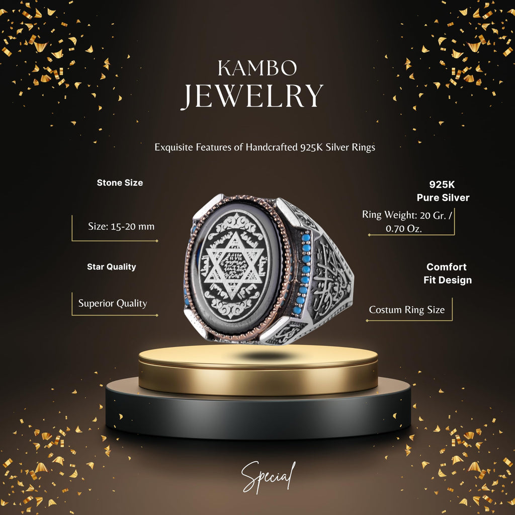 KAMBO Star of David Engraved Men's Ring 925 Sterling Silver – Oval Statement Ring with Turquoise Details – Vintage Handmade Silver Ring — 2
