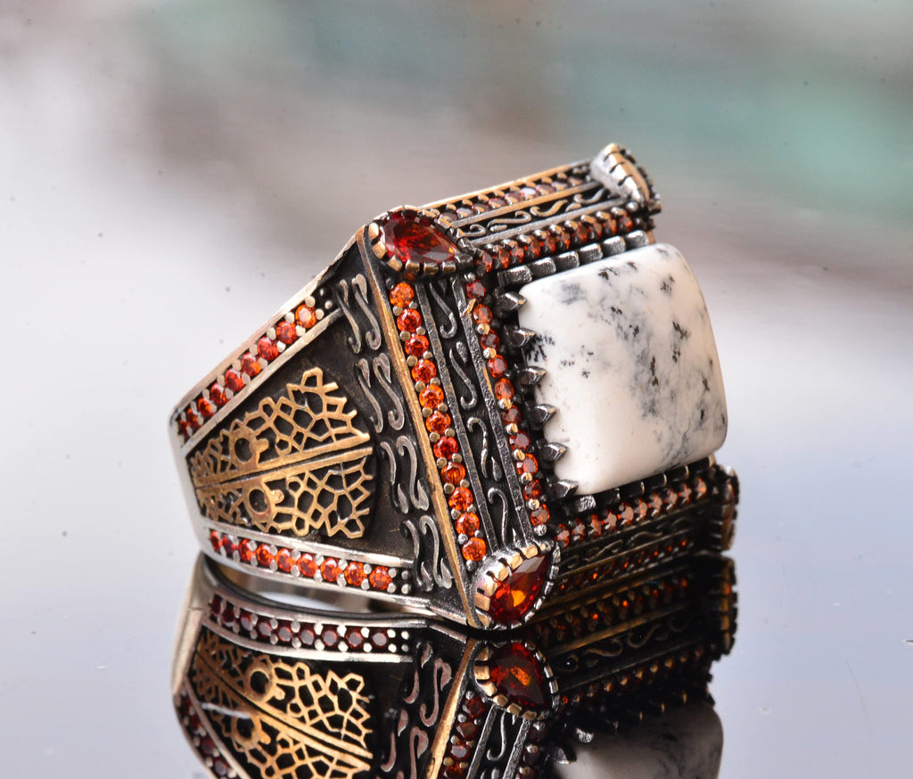 Natural Dendrite Agate Stone Ring - Silver Men's Sultan Ring — 4