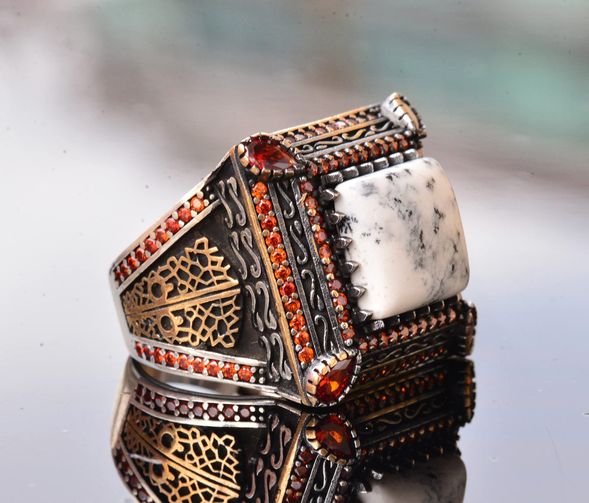 Natural Dendrite Agate Stone Ring - Silver Men's Sultan Ring — 4