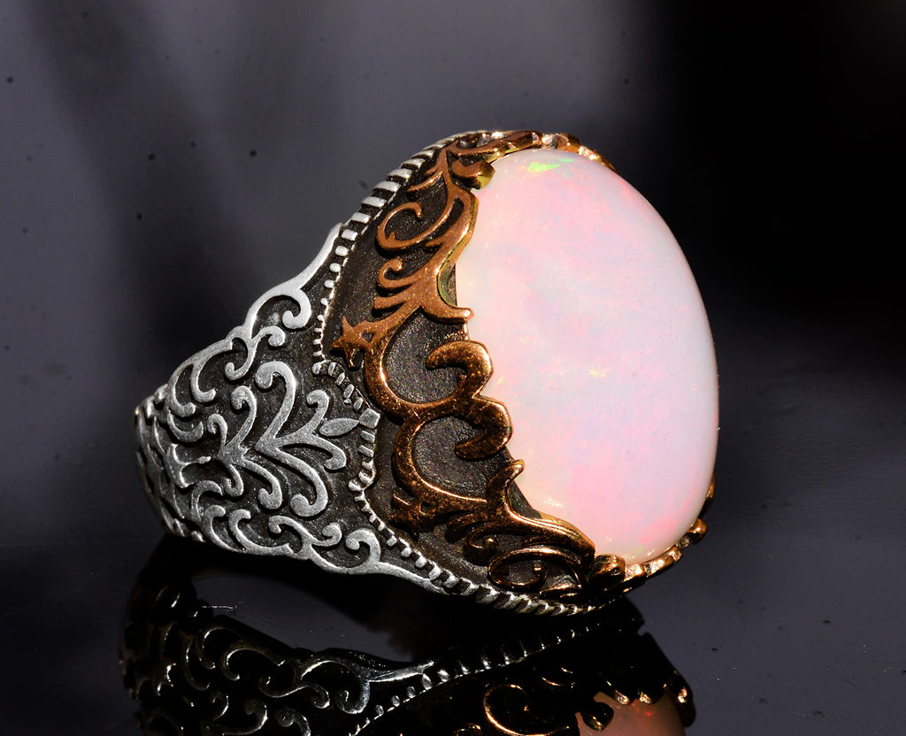 Australian Opal Natural Stone Ring - 10.00 Carat - Men's Ring - 925 Sterling Silver — 4