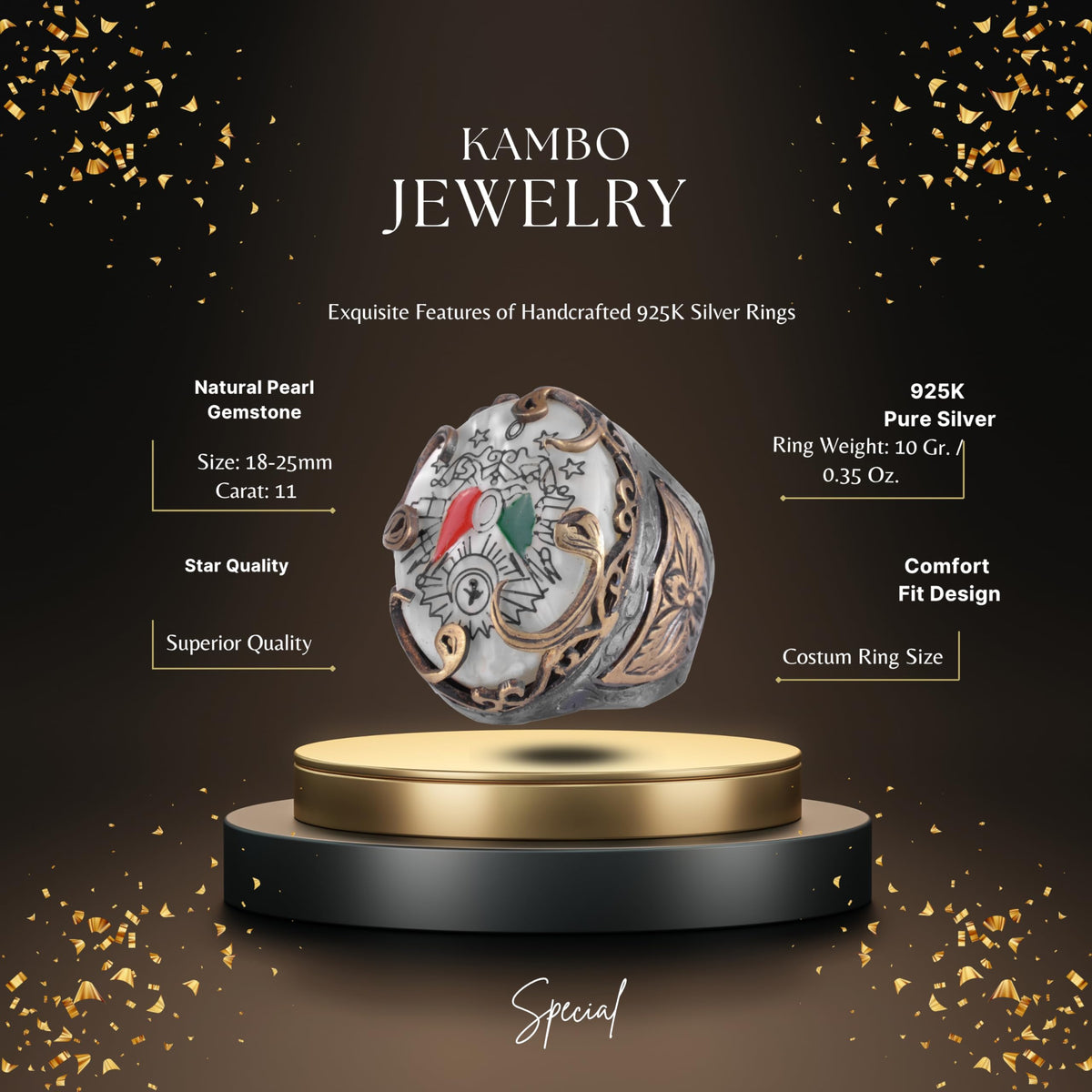 KAMBO Natural Pearl Stone Ottoman Crest Men's Ring Bronze Detailed 925 Sterling Silver Arabic Vav Symbol Handmade Ring — 2
