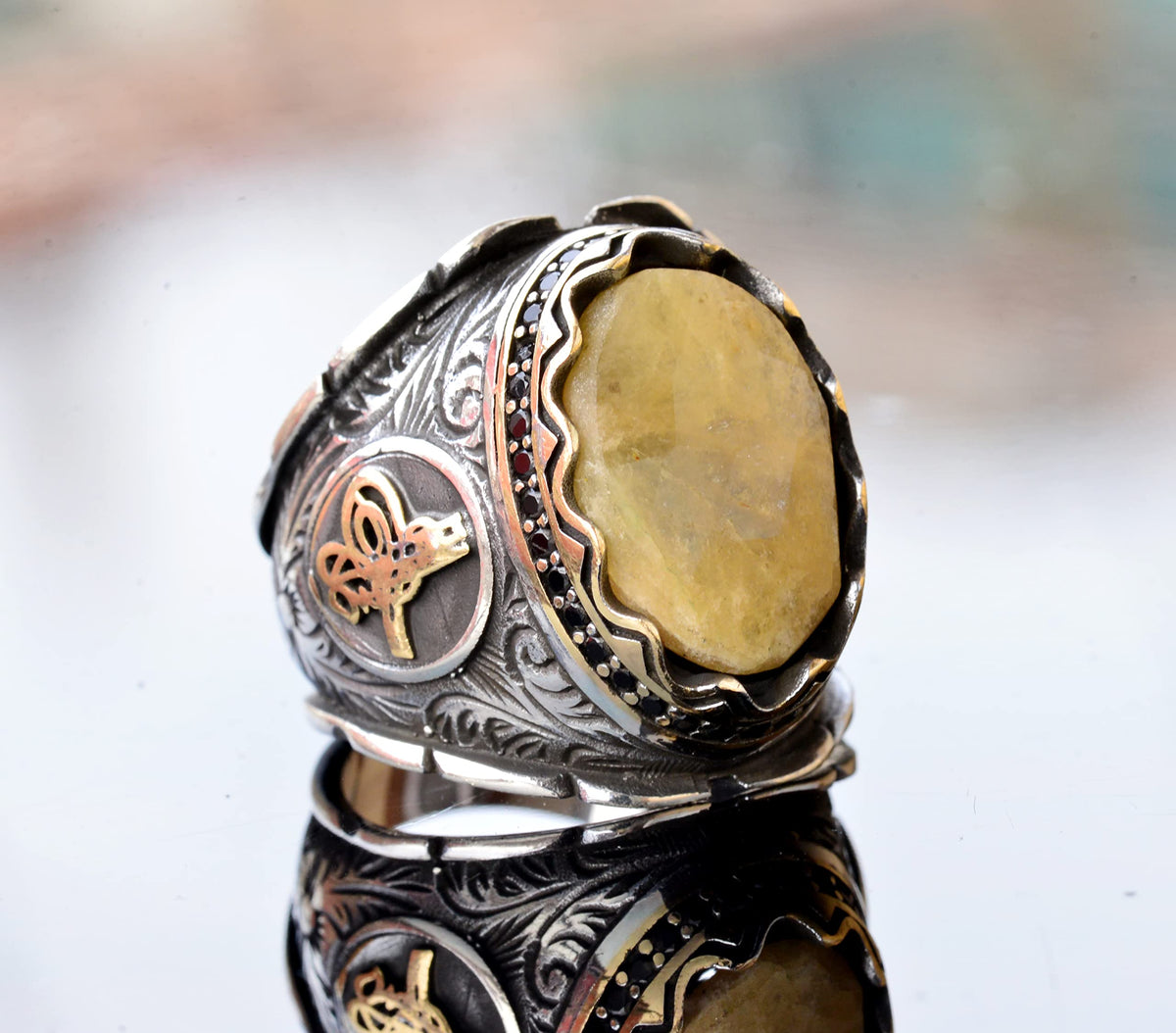 Handmade 925 Sterling Silver Men's Ring with Real Yellow Sapphire Stone - Ottoman Seal Ring Design — 3
