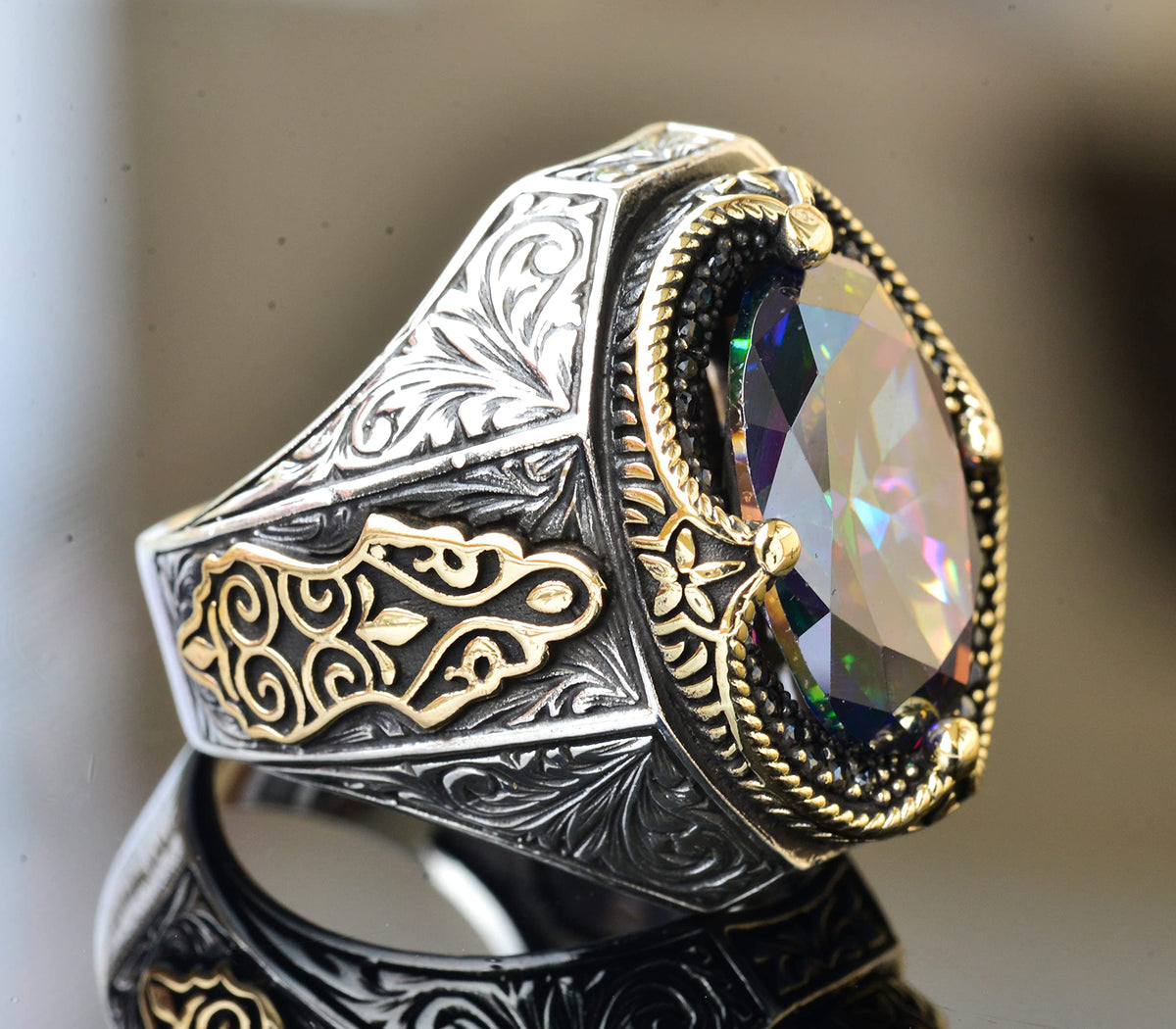 Handmade Silver Men's Ring - Synthetic Mystic Topaz Stone — 4
