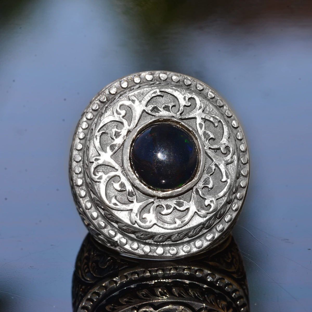 KAMBO Handmade Natural Australian Opal Men's Ring, Large Statement Gemstone Ring in 925 Sterling Silver, Unique Vintage 