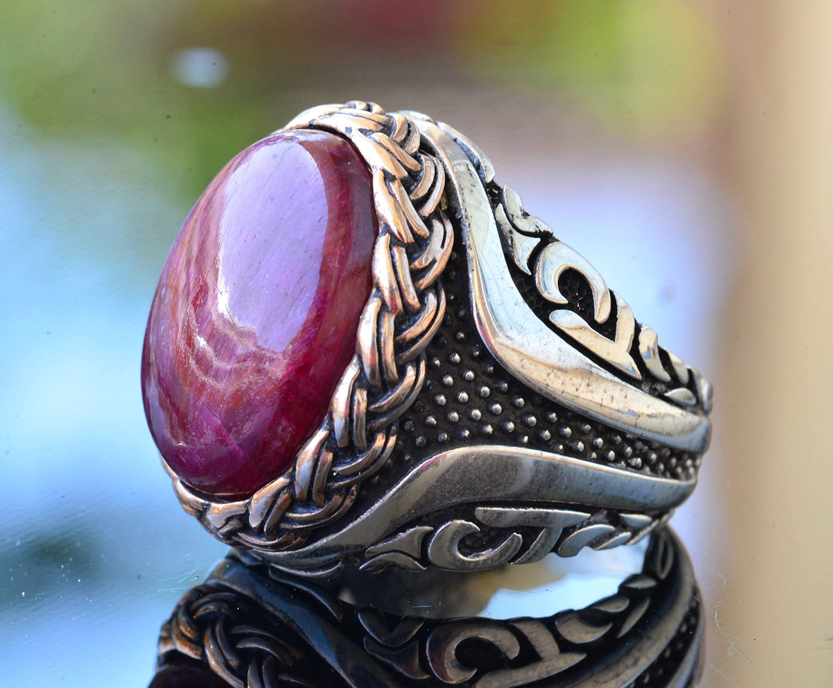Natural Cabochon Ruby Stone Silver Men's Ring — 4