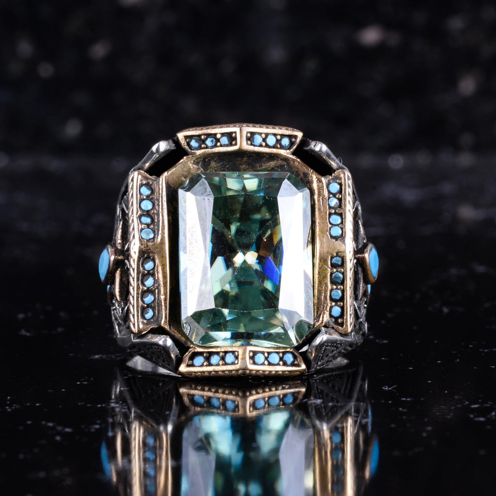KAMBO Natural Moissanite Stone Men's Ring 925 Sterling Silver Bronze Details Blue Stone Accent Handmade Statement Ring — 3