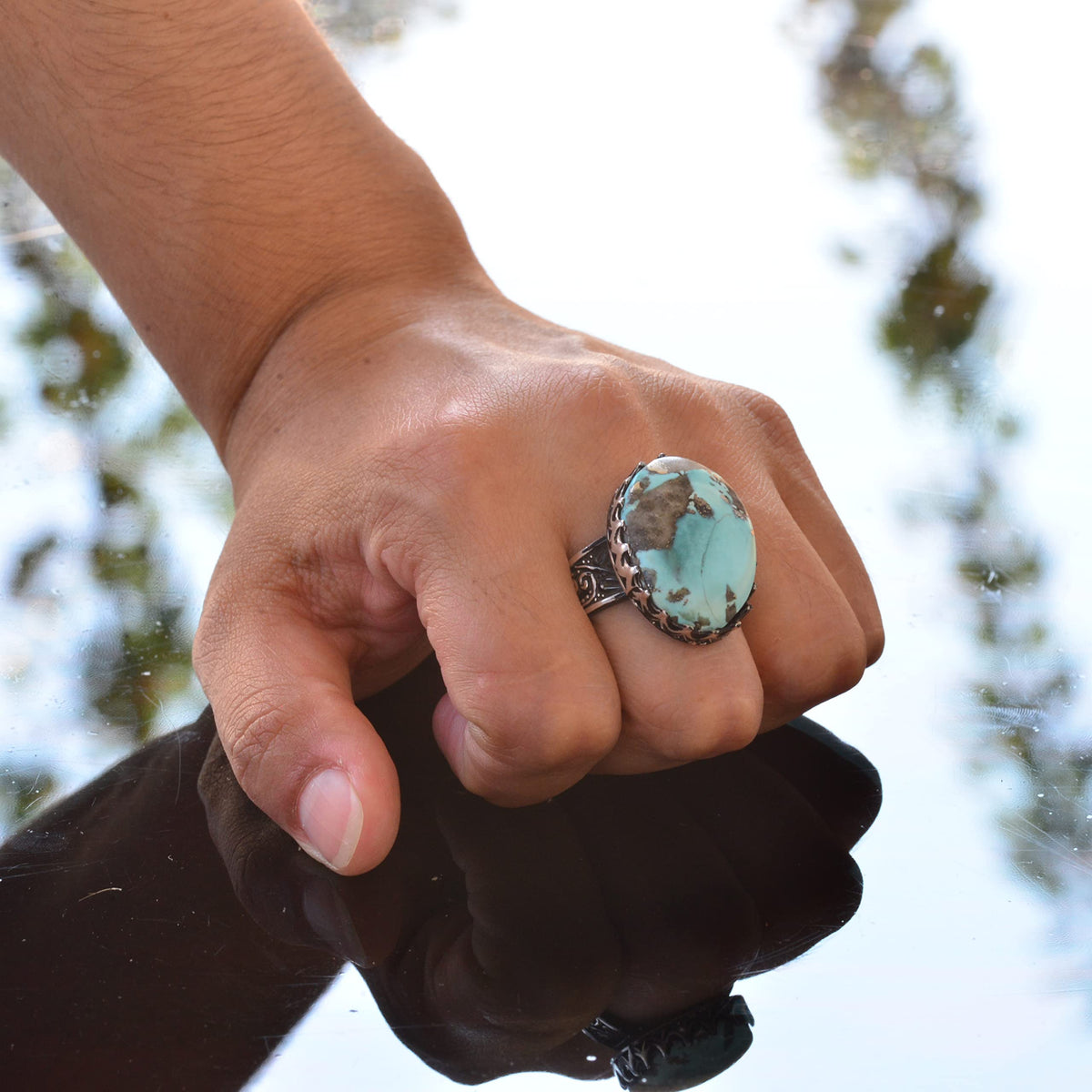 Kambo Real Natural Arizona Turquoise Stone Large Men's Ring - Handcrafted, 925 Sterling Silver — 6