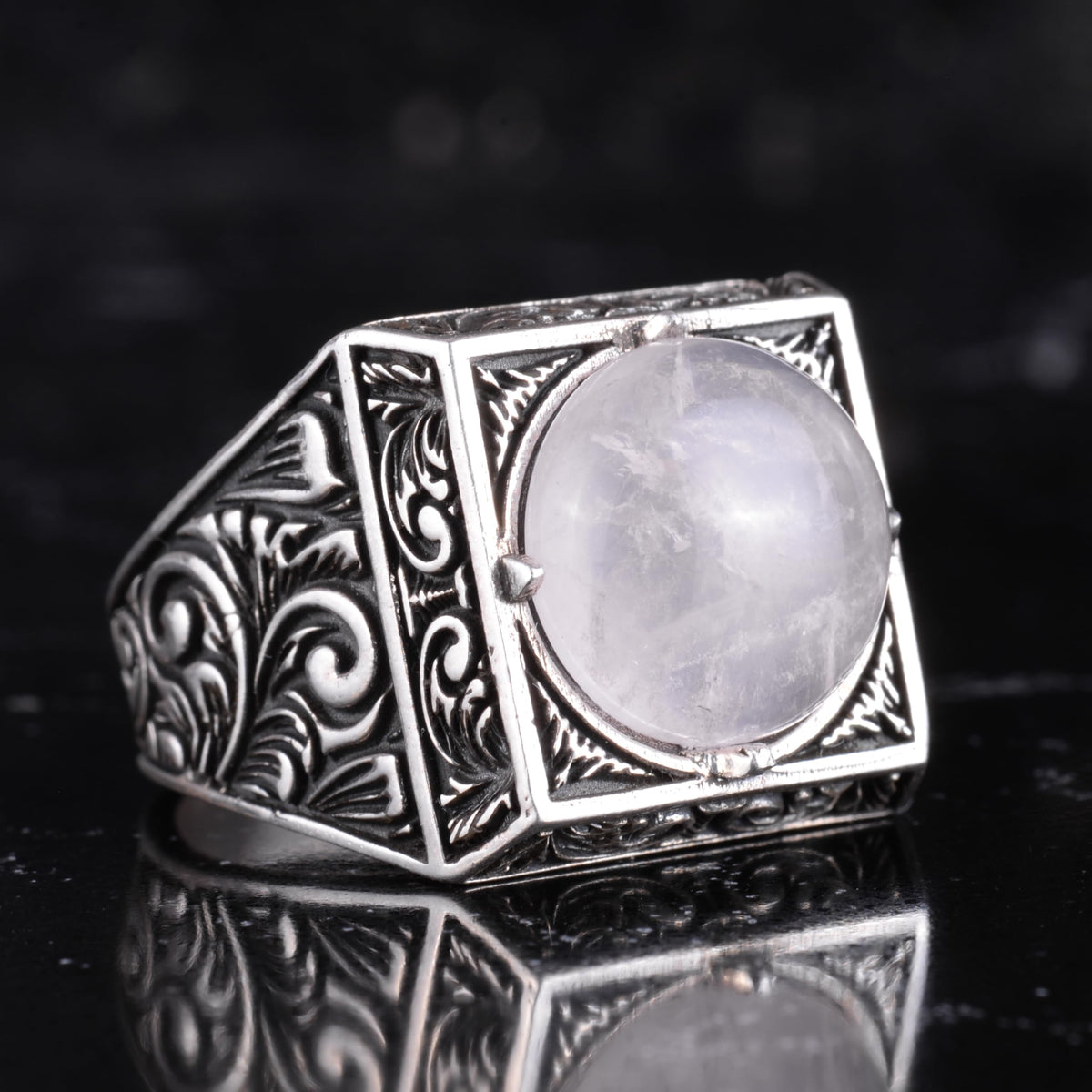 KAMBO Natural Round Stone Square Men's Ring 925 Sterling Silver – Ottoman Pattern Handmade (Model-2) — 5