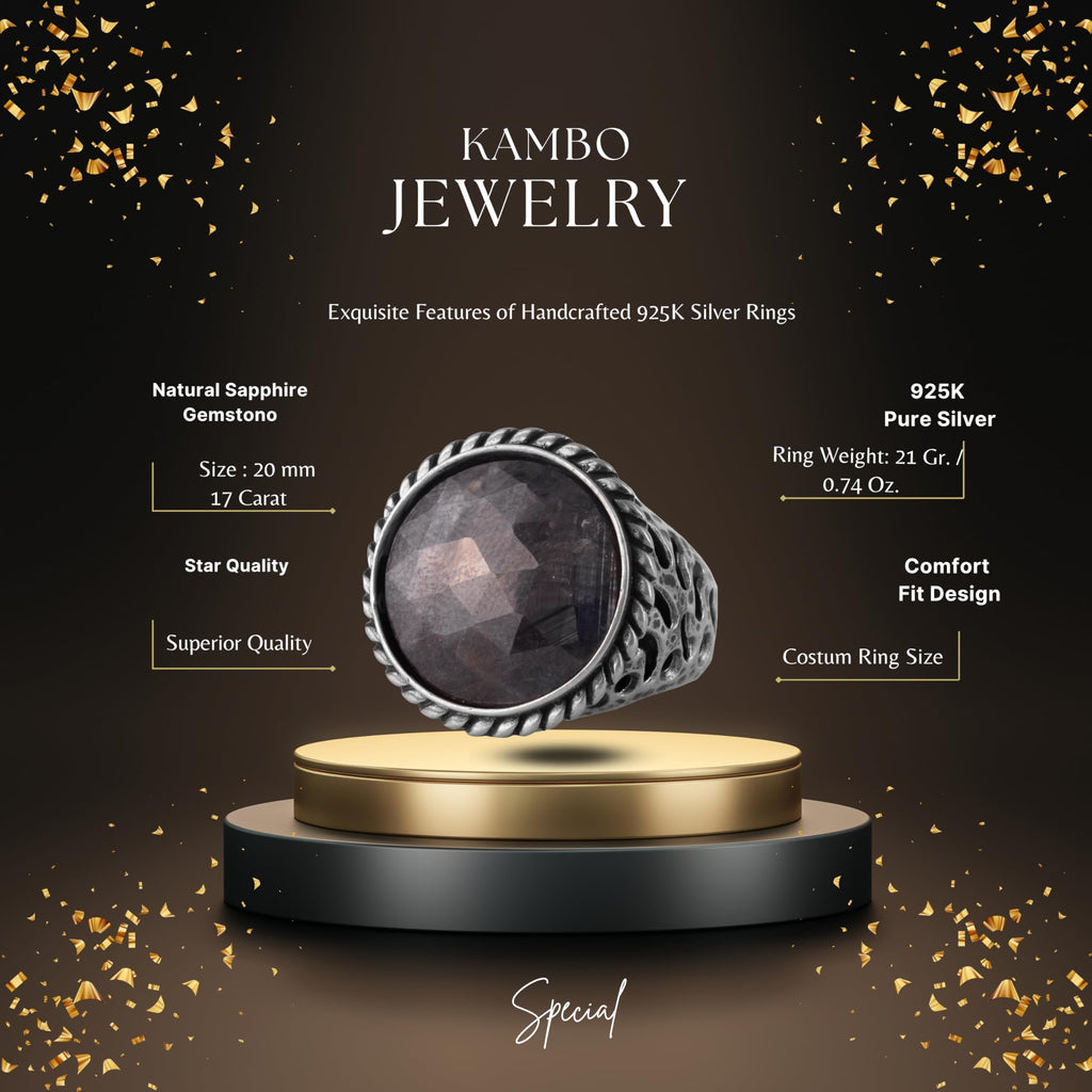 KAMBO Men's Blue Sapphire Stone Ring – Round Cut Blue Sapphire 925 Sterling Silver Ring – Handmade Oxidized Silver Statement Ring — 2