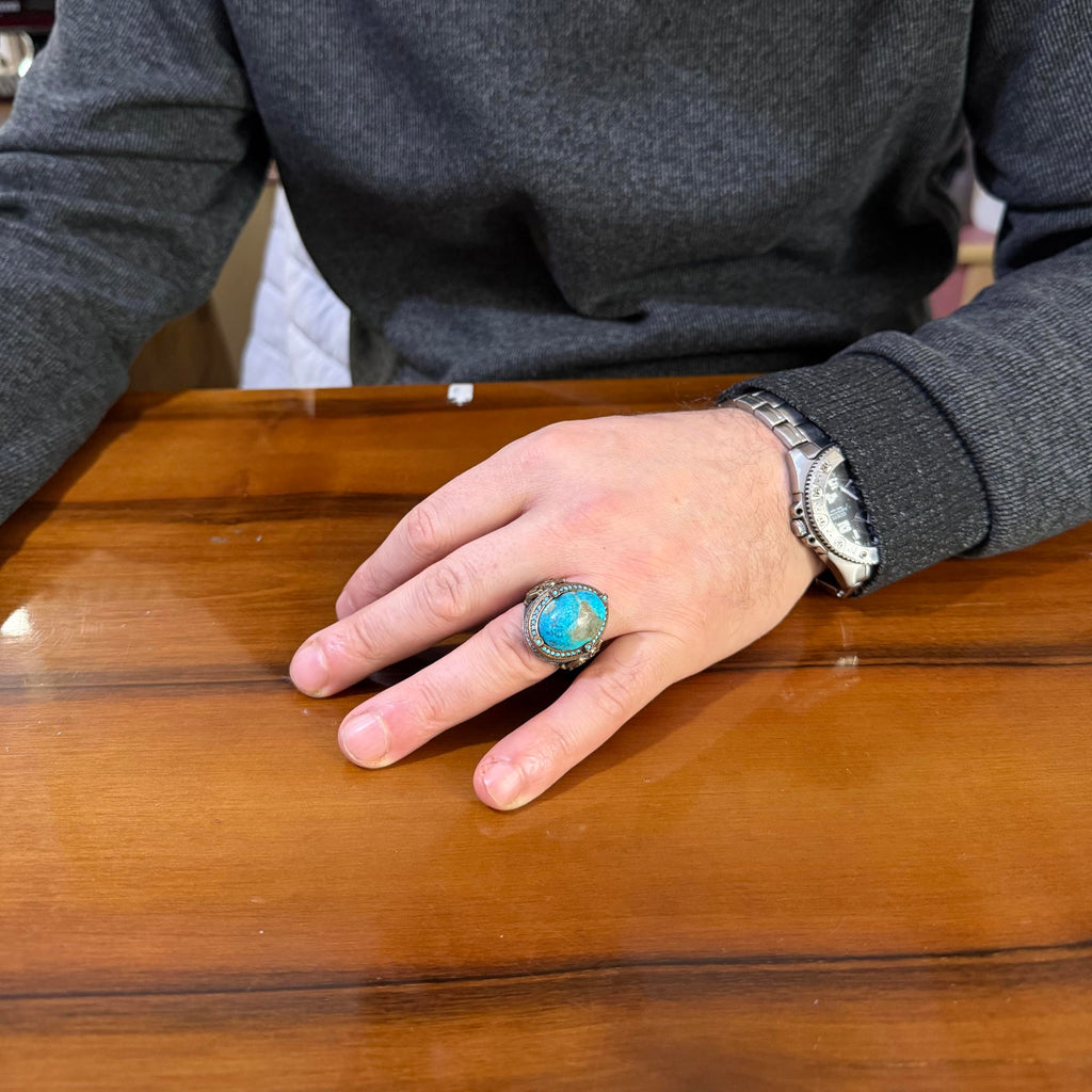 KAMBO Natural Turquoise Stone 925 Sterling Silver Men's Ring Handmade Vintage Ottoman Style Statement Ring Thick Blue Stone Jewelry for Men — 3