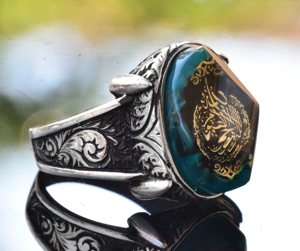 KAMBO Handmade 925 Sterling Silver Ayatul Kursi Ring with Amber Gemstone, Islamic Arabic Calligraphy Design, Vintage Sta