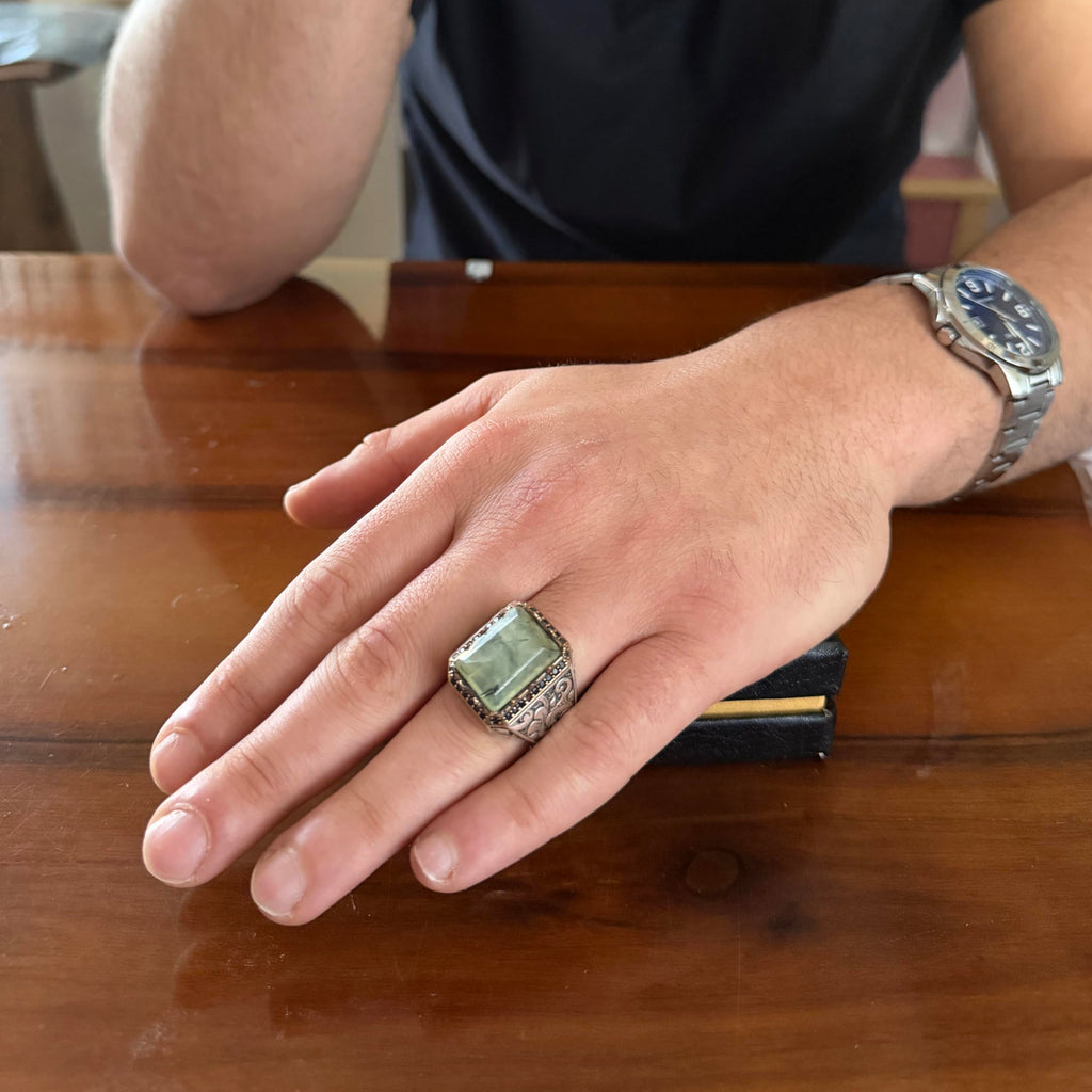 KAMBO Natural Stone Ring for Men 925 Sterling Silver - Rectangular Statement Ring Handmade Jewelry (Prehnite) — 3