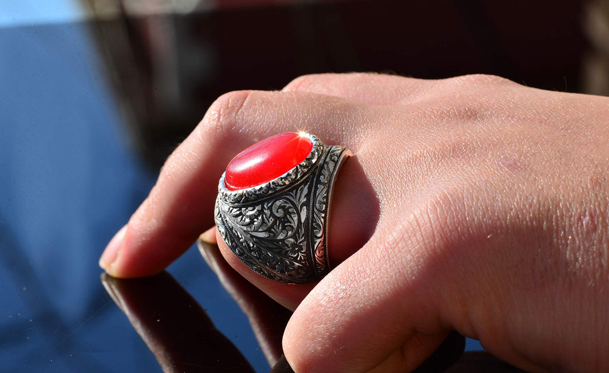 Silver Men's Ring Natural Agate Gemstone — 6
