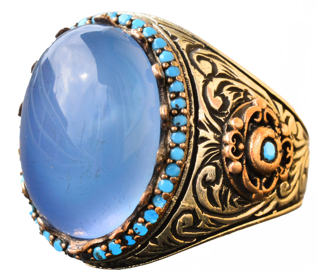 KAMBO Handmade Men's Sterling Silver Ring with Real Natural Chalcedony Gemstone, 11.40 Carat, Vintage Statement Cocktail