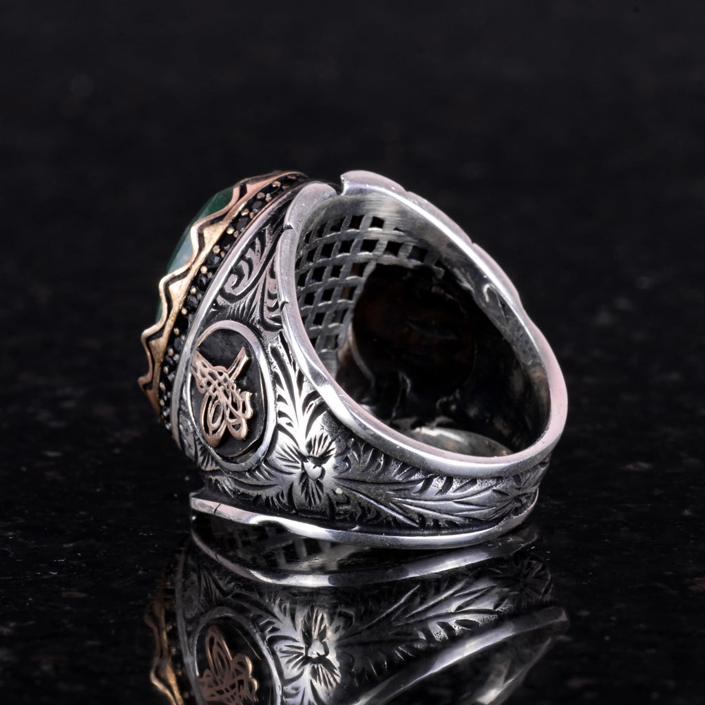 Ottoman Tugra Silver Ring, Natural Stone Ring, 925 Sterling Silver Ring (Emerald) — 6