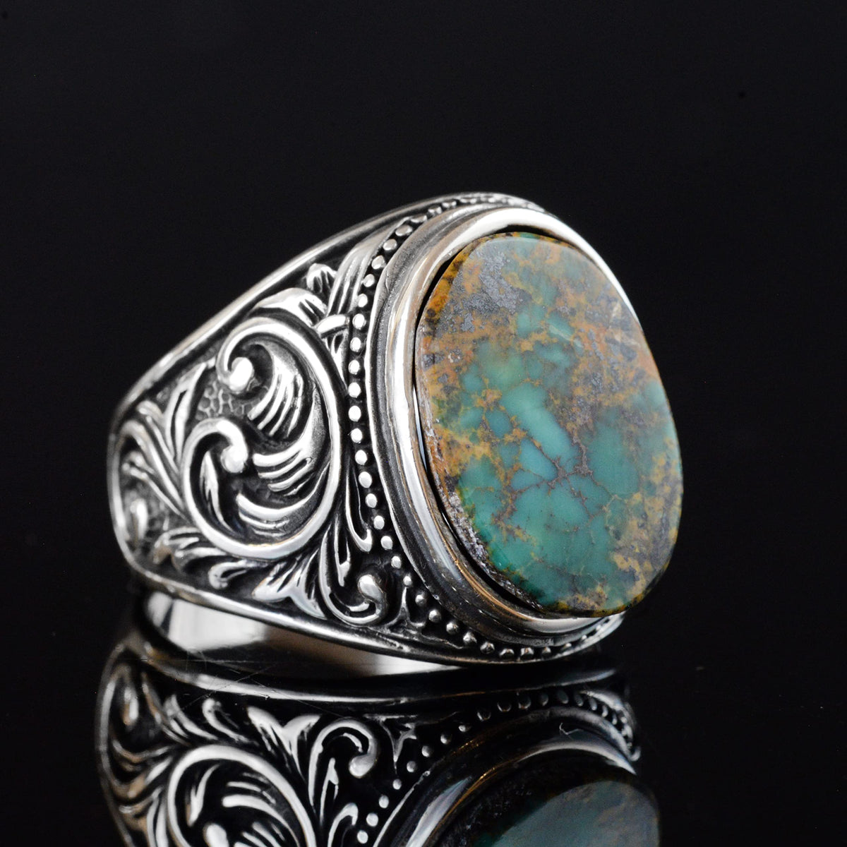 Kambo Natural Arizona Green Turquoise Gemstone Ring, Vintage Design - 925 Sterling Silver Men's Ring, Unique Handcrafted Elegance (Style-3) — 5