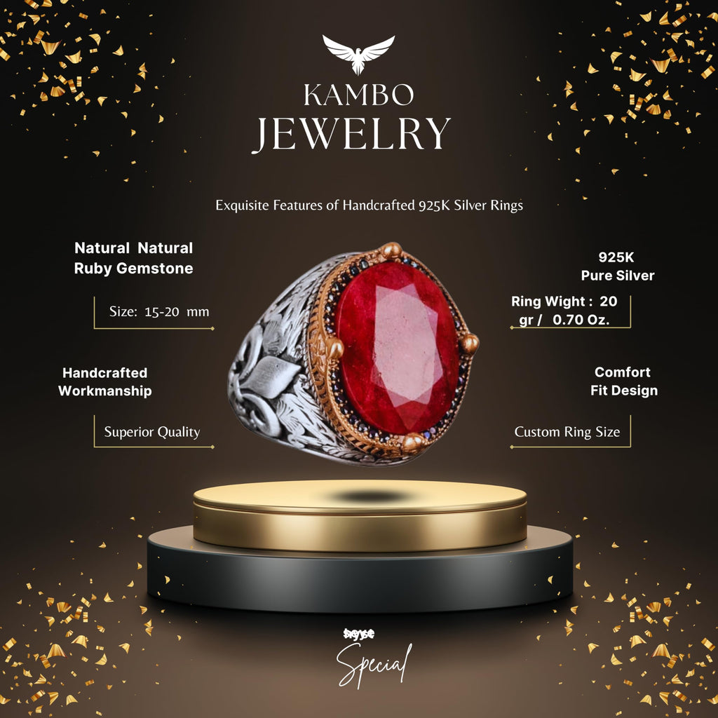 Natural Ruby Stone Men's Ring - 925 Sterling Silver — 2