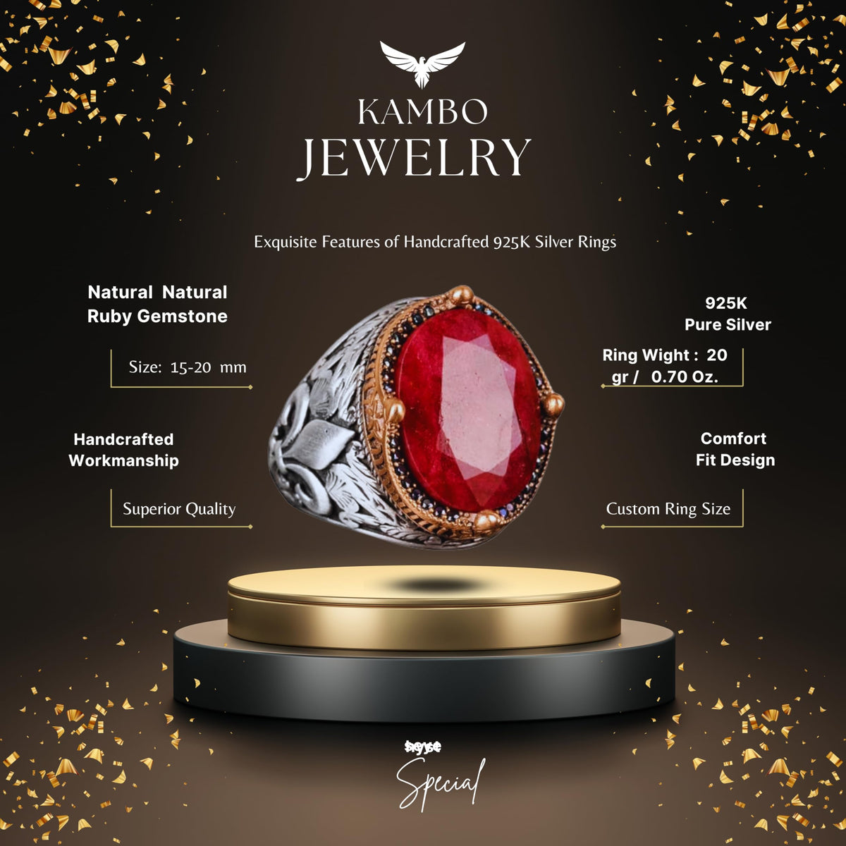 Natural Ruby Stone Men's Ring - 925 Sterling Silver — 2