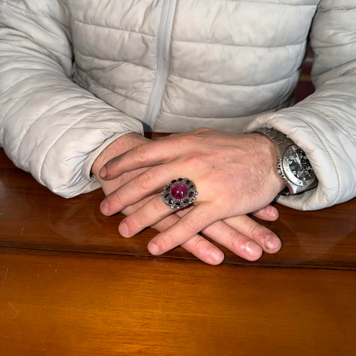 KAMBO Natural Star Ruby and Garnet Stone Ring for Men 925 Sterling Silver Multi-Stone Handmade Statement Ring Red Gem Cluster Asterism Ruby — 3