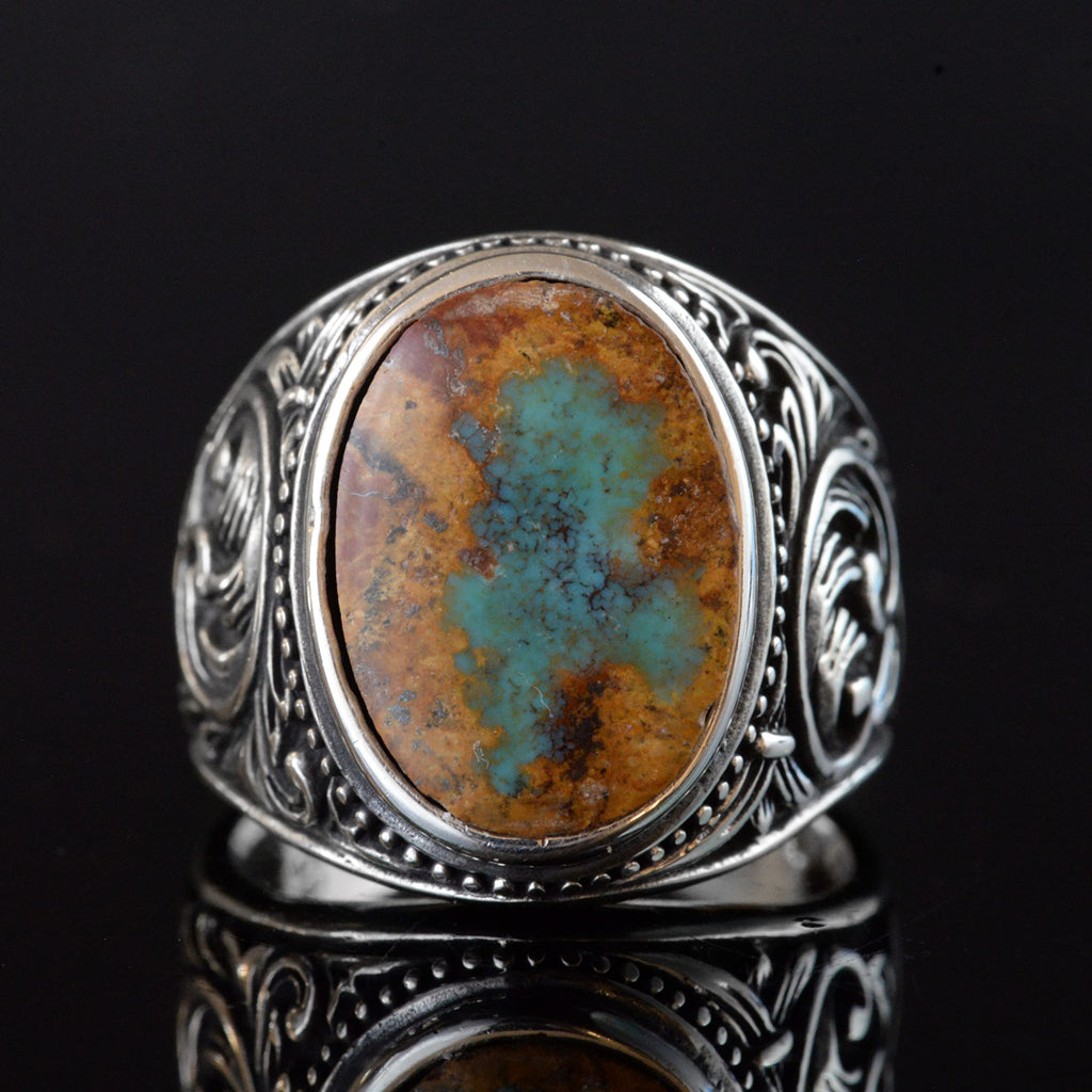 Natural Arizona Green Turquoise Stone Ring, Vintage Design - 925 Sterling Silver Men's Ring, Handmade — 3